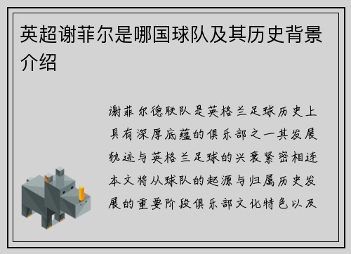 英超谢菲尔是哪国球队及其历史背景介绍